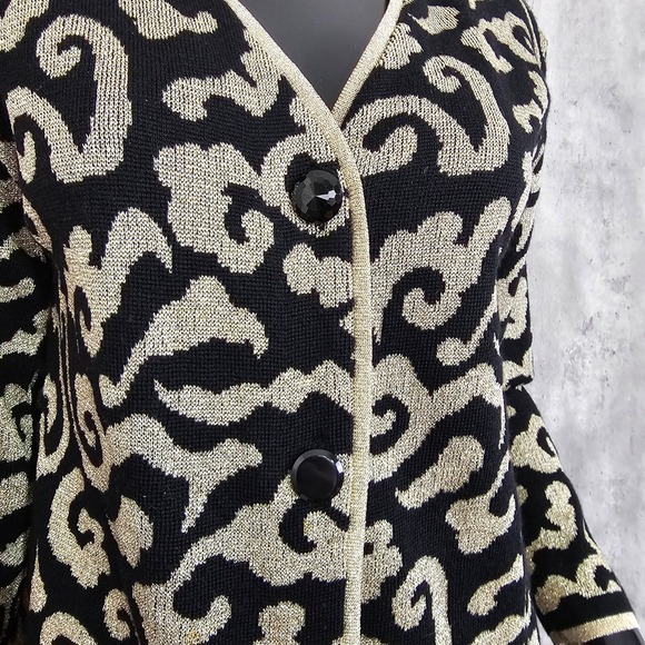 Vintage 80s 90s Tesori Baroque Knit‎ Jacket Gold Black Wool Cardigan XS - Picture 5 of 9